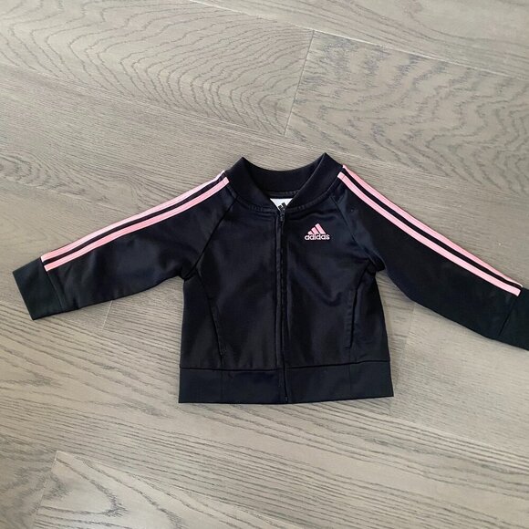 adidas Other - Baby Girls 18m Black & Pink Adidas Tricoat 3 Striped Track Jacket Zip Up